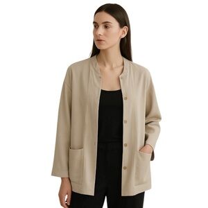 Eileen Fisher Blazer Linen Blend Mandarin Collar Lagonlook Neutral Size Small